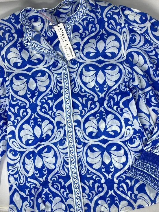 Alice + Olivia April Soiree True Blue Printed Cotton Blouse Large NWT $375 - Picture 6 of 12